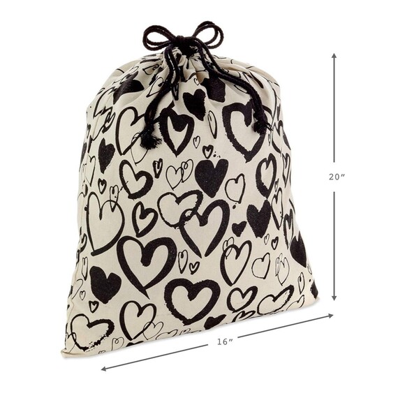 Hallmark 20" Large Canvas Bag with Drawstring (Cream w/Black Hearts) Valentines - Picture 3 of 8